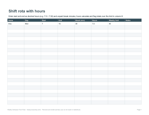 Preview of the first page of Excel rota (XLSX)