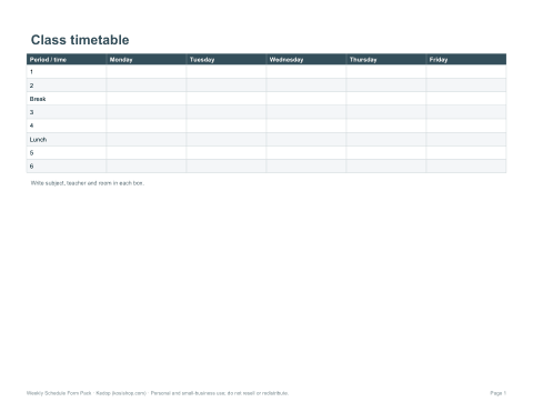 Preview of the first page of Class timetable (DOCX/PDF)
