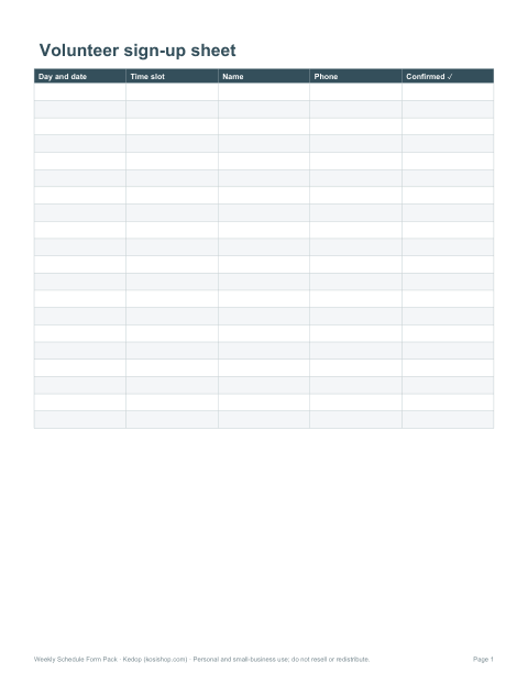 Preview of the first page of Volunteer sign-up (PDF)